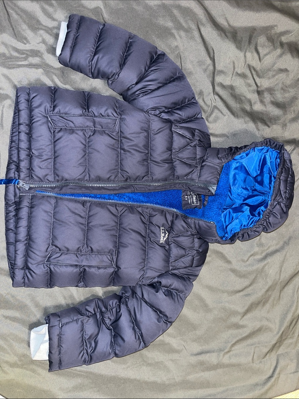 Eddie Bauer Navy Puffer Jacket with Bright Blue Lined Hood